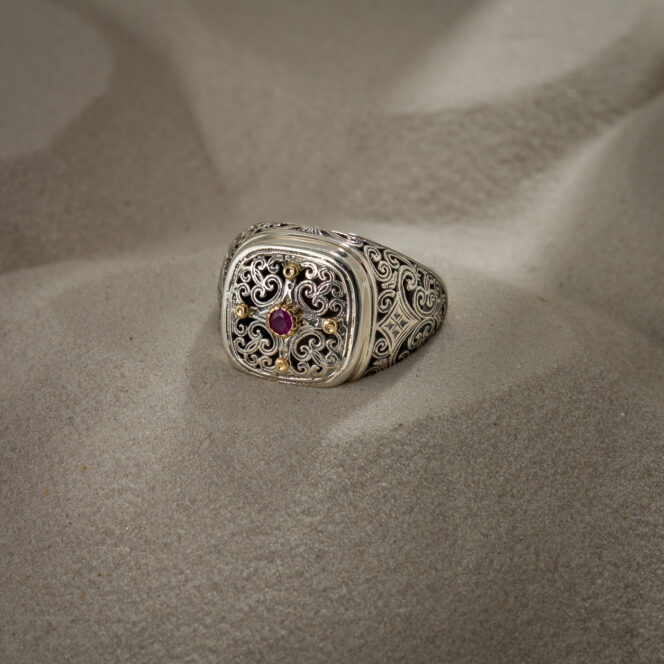 Mediterranean Square Ring in 18K Gold and Sterling Silver with Ruby