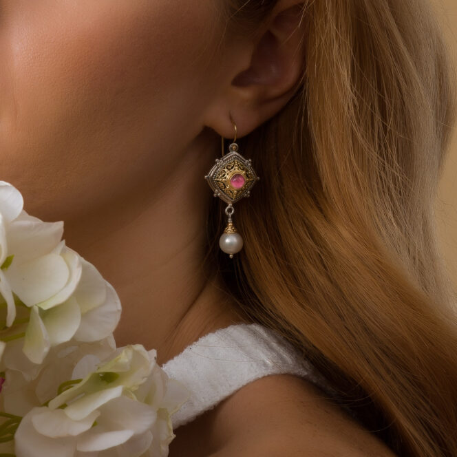 Byzantine long earrings in 18K Gold and Sterling silver - Image 2