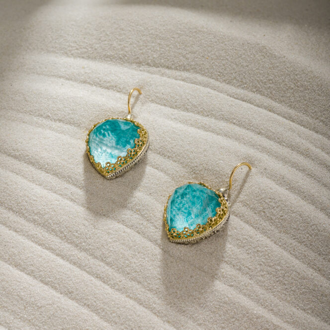 Aegean Colors Hearts Earrings in 18K Gold and Sterling Silver with Doublet Gemstones
