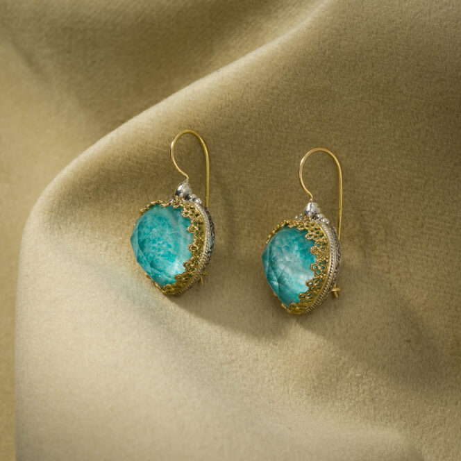 Aegean Colors Hearts Earrings in 18K Gold and Sterling Silver with Doublet Gemstones - Image 2