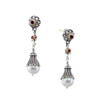 Santorini long earrings in 18K Gold and Sterling Silver with ruby