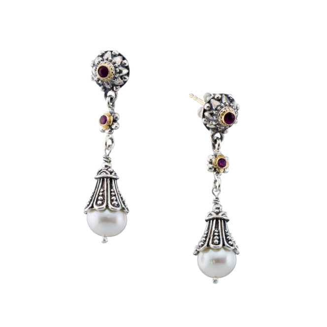 Santorini long earrings in 18K Gold and Sterling Silver with ruby