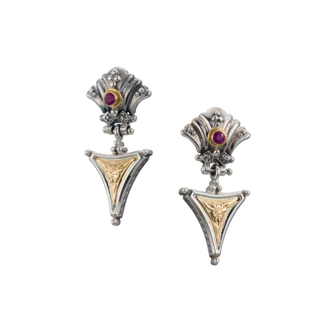Santorini triangle earrings in 18K Gold and Sterling Silver with ruby - Image 3