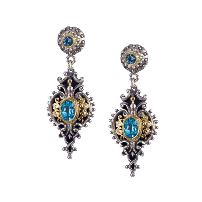 Byzantine earrings in 18K Gold and Sterling Silver with blue topaz