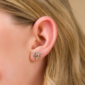 Cross Stud Earrings in 18K Gold and Sterling Silver with ruby