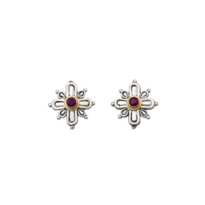 Cross Stud Earrings in 18K Gold and Sterling Silver with ruby - Image 2