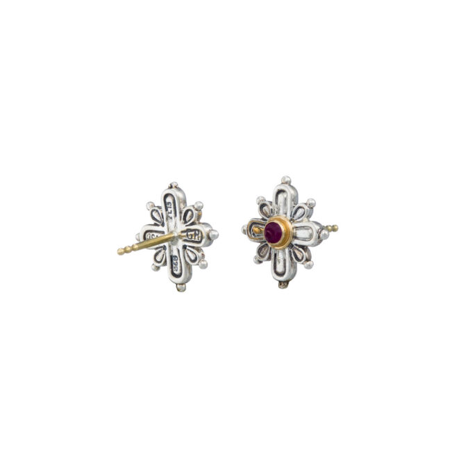 Cross Stud Earrings in 18K Gold and Sterling Silver with ruby - Image 3