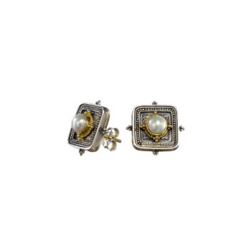 Cyclades Stud Earrings in 18K Gold and  Sterling Silver with pearl