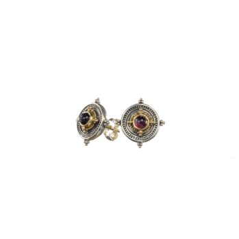 Cyclades Stud Earrings in 18K Gold and Sterling Silver with garnet