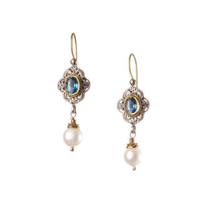 Byzantine long earrings in 18K Gold and Sterling Silver with Semi Precious Stones - Image 2