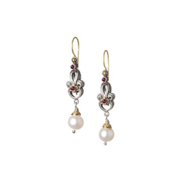 Byzantine flower long earrings in 18K Gold and Sterling Silver with ruby