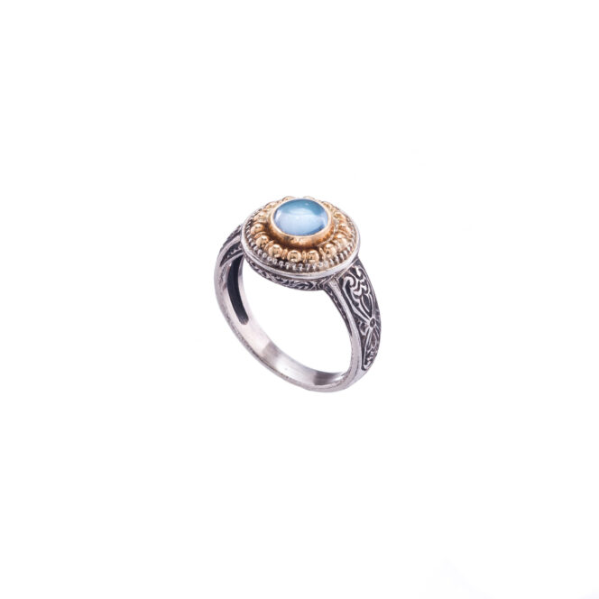 Athenian flower round ring in 18K Gold and Sterling Silver with aqua spinel - Image 2