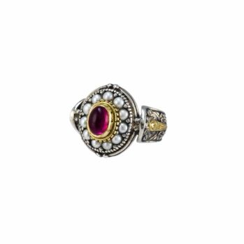 Athenian flowers Aphrodite ring in 18K Gold and Sterling Silver with garnet