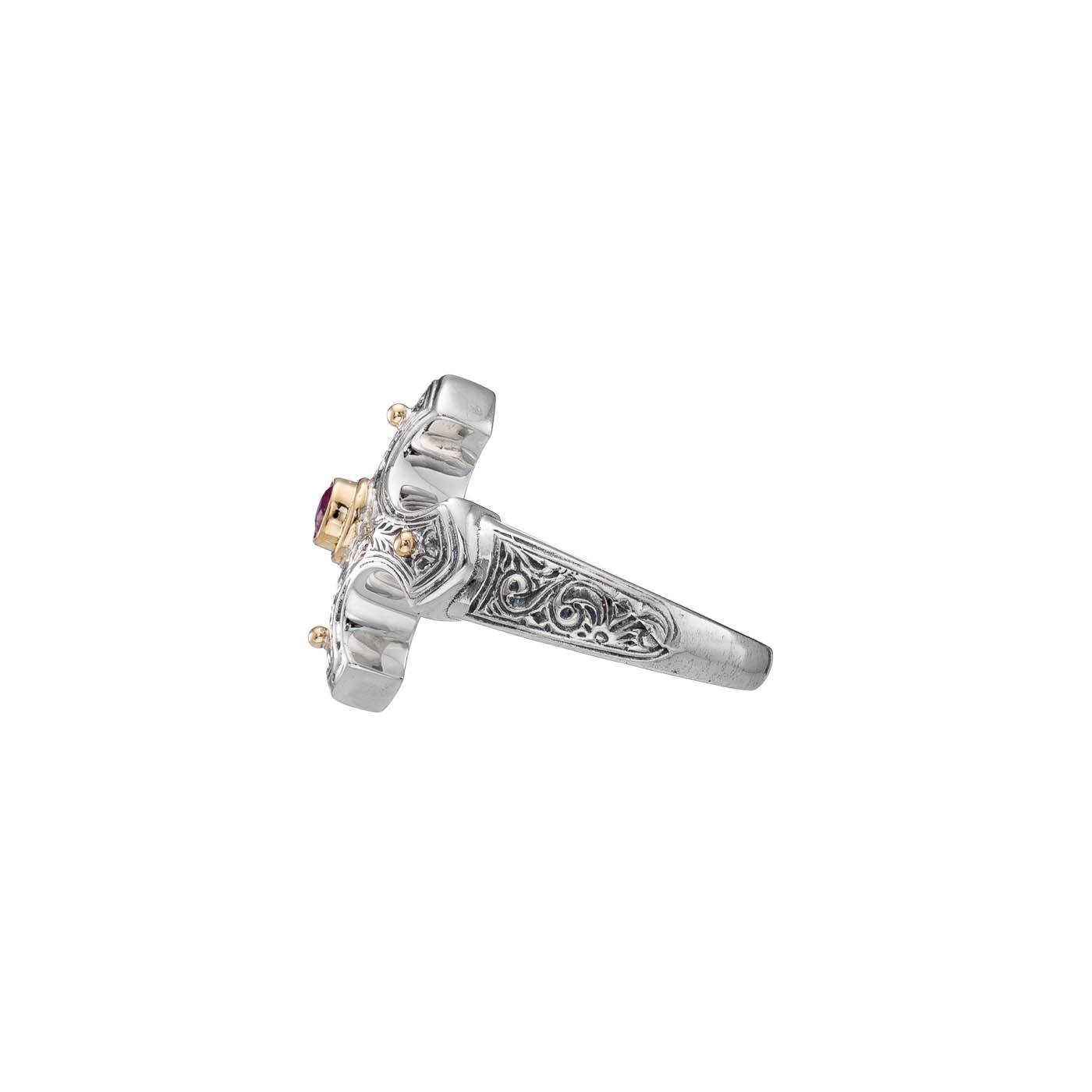 Classic Cross Ring in 18K Gold and Sterling Silver with ruby