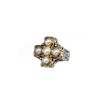 Santorini cross ring in 18K Gold and Sterling Silver with pearls