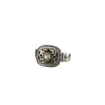 Garden shadows cushion ring in 18K Gold and Sterling Silver with pearl