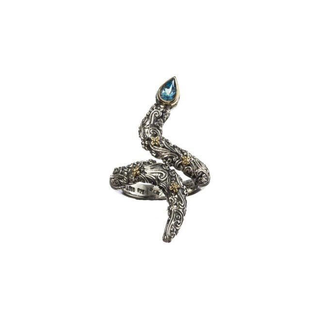 Eden's Garden Snake ring in 18K Gold and Sterling Silver with blue topaz
