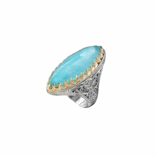 Aegean colors big marquise ring in 18K Gold and Sterling Silver with doublet stone - Image 3