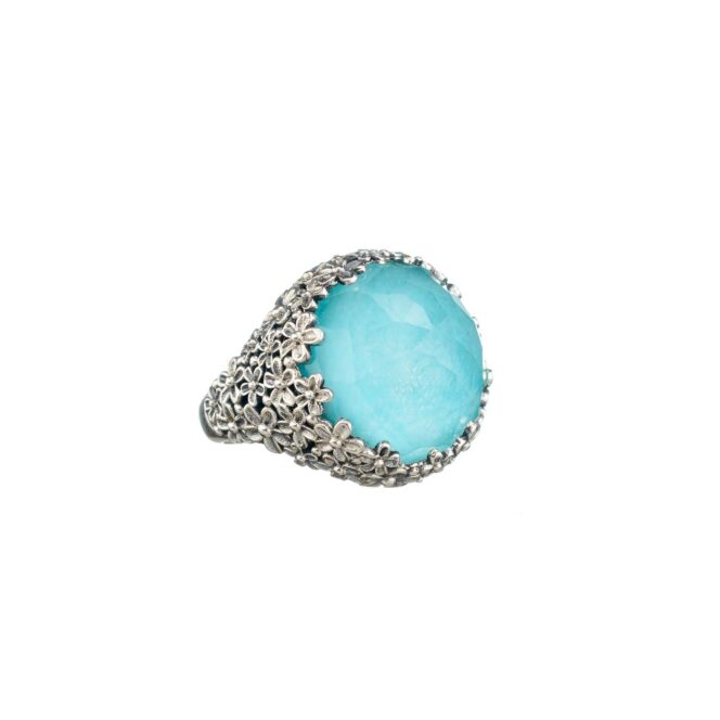 Wild Flower Anthemis big Round Ring in Sterling Silver with Doublet Gemstone - Image 3