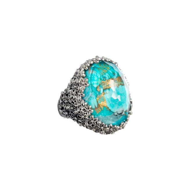 Wild Flower Anthemis big Oval Ring in Sterling Silver with Doublet Gemstone - Image 4