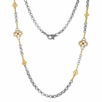 The Flower Link Chain with Rolo Chain in Sterling Silver with Gold Plated Parts