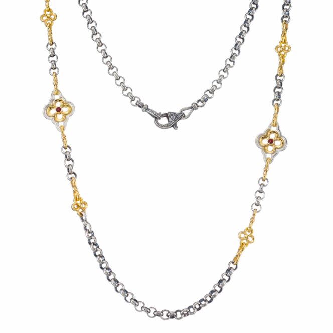 The Flower Link Chain with Rolo Chain in Sterling Silver with Gold Plated Parts