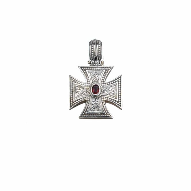 Maltese Patmos cross in Sterling Silver with Garnet