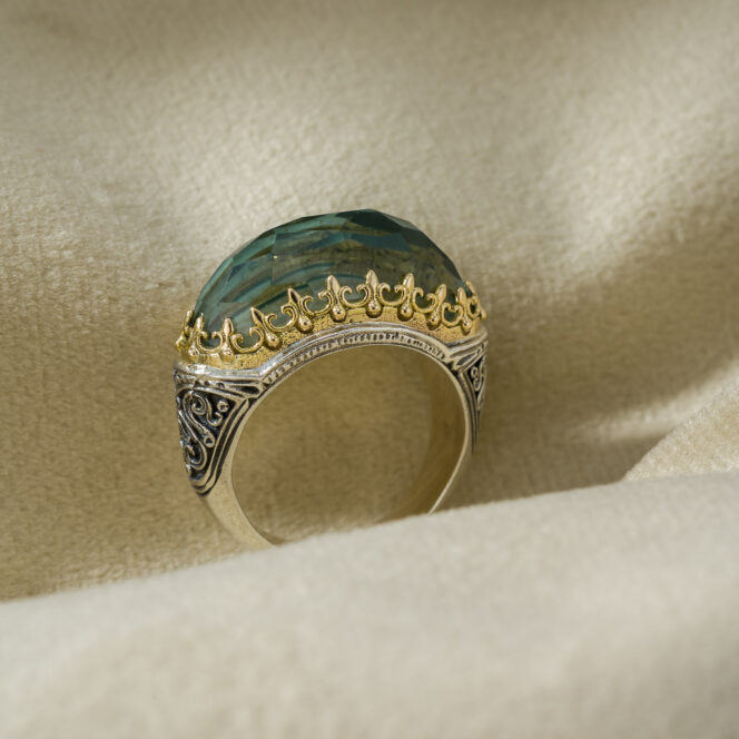 Aegean colors Katheto Ring in 18K Gold and Sterling Silver and green stone