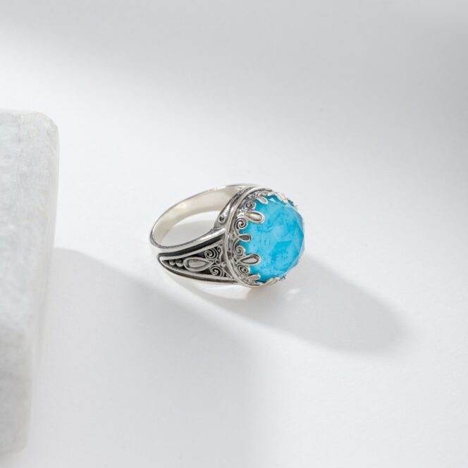 Aegean colors big Round Ring in Sterling Silver with Doublet Gemstone - Image 2