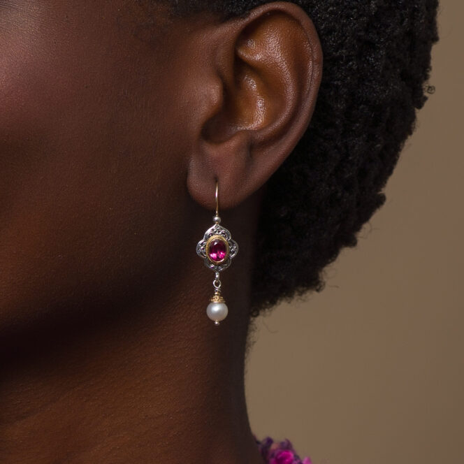 Byzantine long earrings in 18K Gold and Sterling Silver with Semi Precious Stones