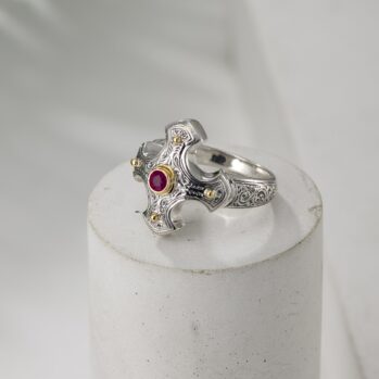Classic Cross Ring in 18K Gold and Sterling Silver with ruby