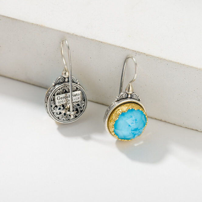 Iris Big Round Earrings in Sterling Silver with Gold plated parts and Doublet Gemstones - Image 3