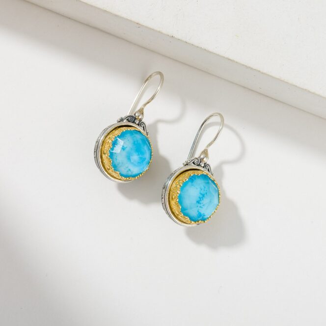 Iris Big Round Earrings in Sterling Silver with Gold plated parts and Doublet Gemstones - Image 2