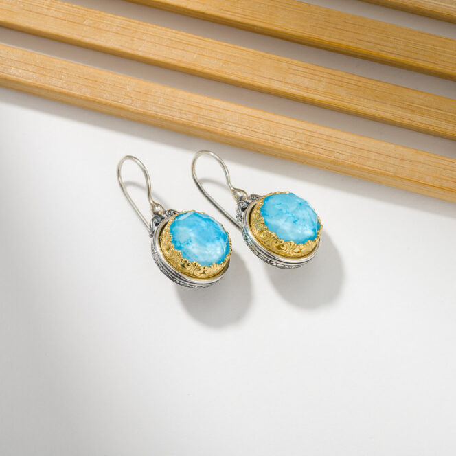 Iris Big Round Earrings in Sterling Silver with Gold plated parts and Doublet Gemstones - Image 4