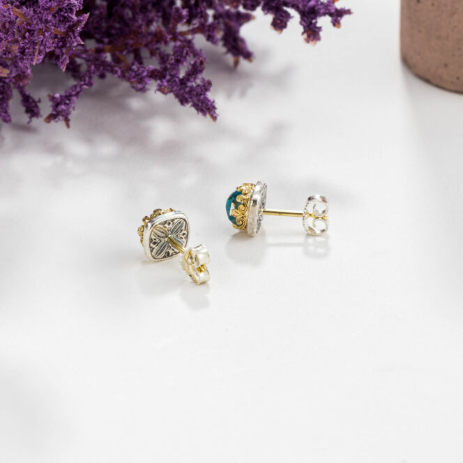 Aegean colors stud earrings in 18K Gold and Sterling Silver with doublet stone - Image 2