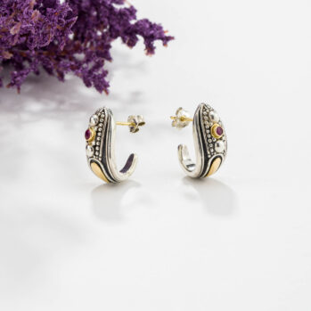 Byzantine Hoops Earrings in 18K Gold and Sterling Silver with Ruby
