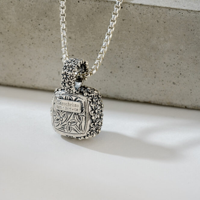 Wild Flower Anthemis square Pendant in Sterling Silver with Doublet Gemstone - Image 2