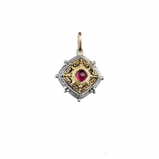 Byzantine pendant in 18K Gold and Sterling Silver with pink tourmaline