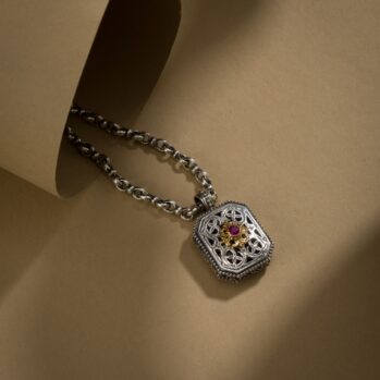 Garden Shadows polygon Pendant in 18K Gold and Sterling Silver with Ruby