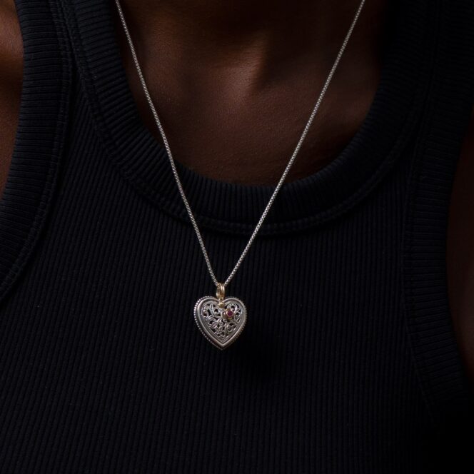 Garden Shadows Heart Pendant in 18K Gold and Sterling Silver with Ruby