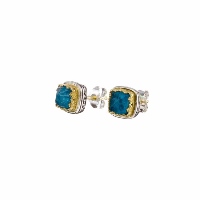 Iris square stud earrings in 18K Gold and Sterling Silver with doublet stones - Image 2