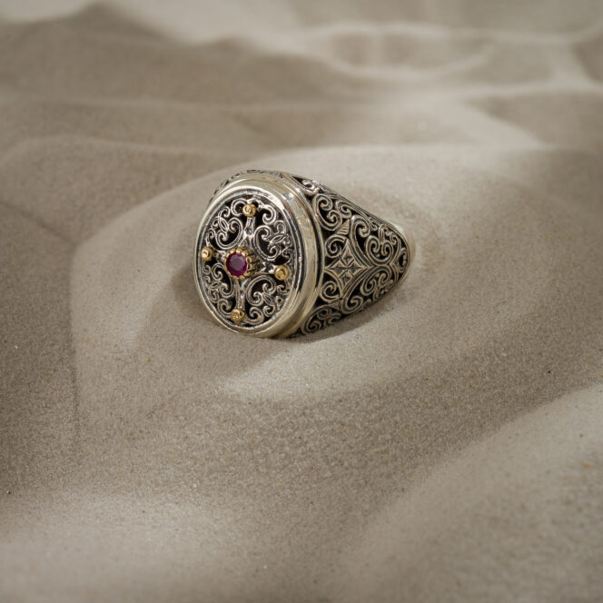 Mediterranean oval Ring in 18K Gold and Sterling Silver with Ruby