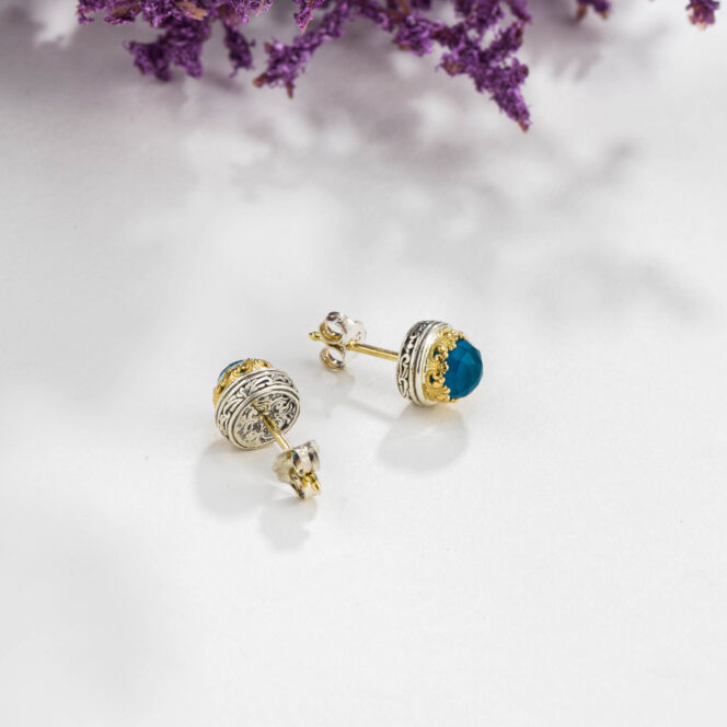 Iris round stud earrings in 18K Gold and Sterling Silver with doublet stones - Image 2