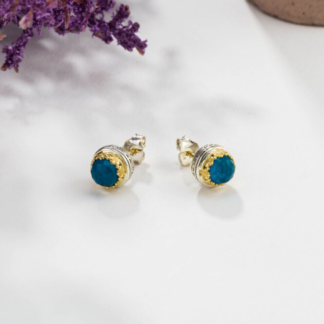 Iris round stud earrings in 18K Gold and Sterling Silver with doublet stones