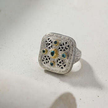 Garden Shadows Cross pattern square Ring in 18K Gold and Sterling Silver with Blue topaz