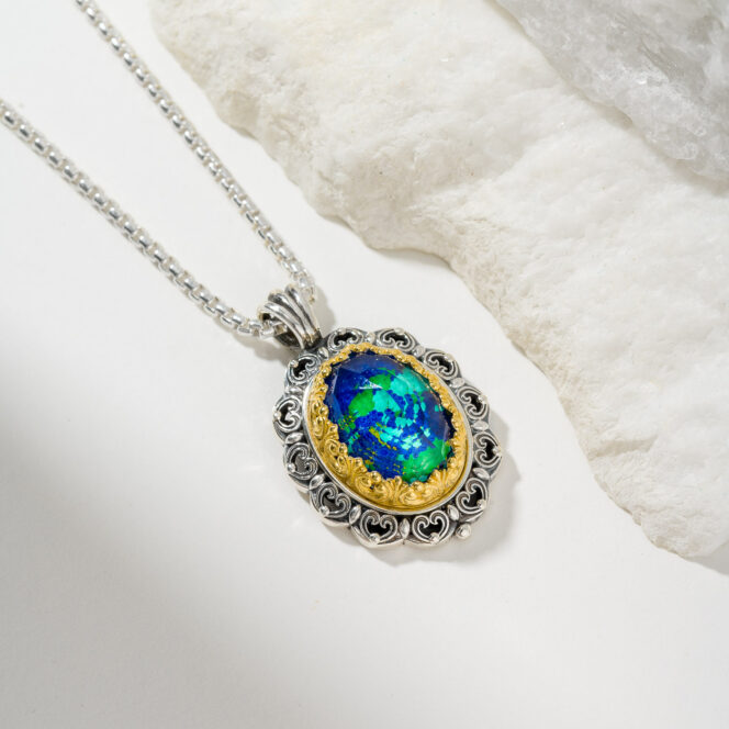Penelope Big Oval Pendant is Sterling Silver with Gold plated parts and Doublet Gemstone - Image 2