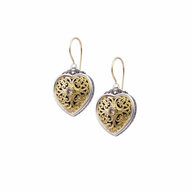 Mediterranean heart earrings in 18K Gold and Sterling Silver with brown diamonds
