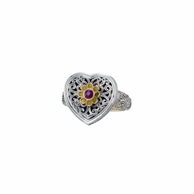 Mediterranean Heart Ring in 18K Gold and Sterling Silver with Ruby