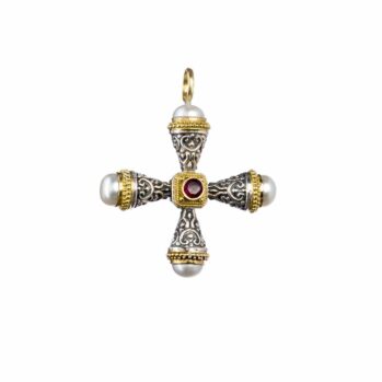 Santorini cross in 18K Gold and Sterling Silver with Ruby