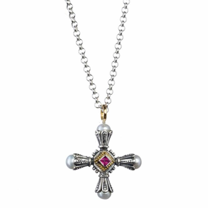 Santorini cross in 18K Gold and Sterling Silver with Pink tourmaline - Image 2